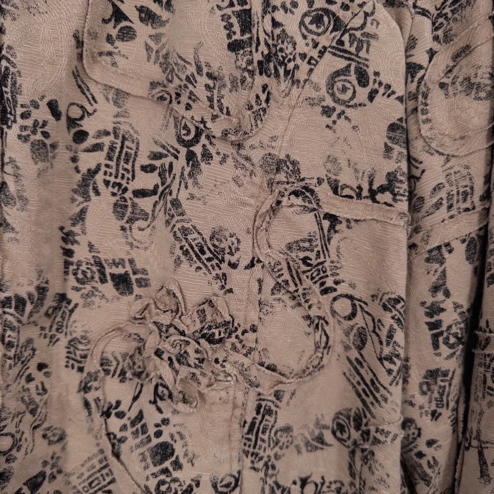 Chico's Silk Linen Textured Jacket L Sz‎ 2 Abstract Boho Artsy Floral Appliqué